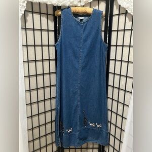 SARA STUDIO DENIM MAXI ANIMAL EMBROIDERED ARTSY JUMPER DRESS SIZE L